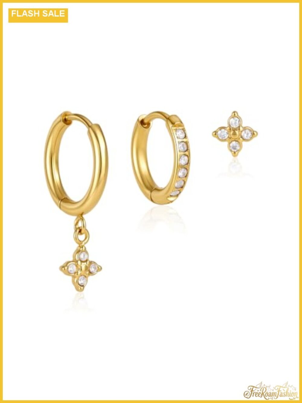 3-Piece Clover Cubic Zirconia Hoop Earring Set Dainty Cartilage Huggie Stud 18K